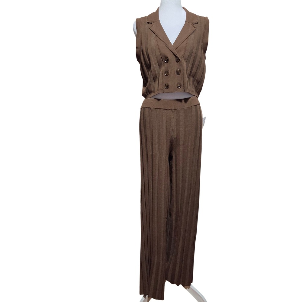 House of Harlow 1960 Cocoa Brown Ribbed Knit Vest and Wide Leg Pant Set Large